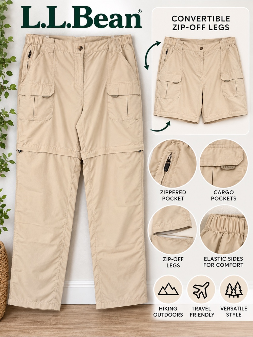 L.L.Bean Women’s Convertible Cargo Hiking Pants Size XL Regular Khaki Beige